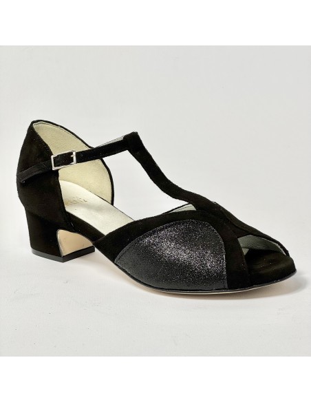 Scarpa da ballo donna latino americano liscio da sala camoscio glitter nero suola cuoio tacco 40 rocchetto