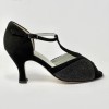 Scarpa da ballo donna latino americano liscio da sala punta aperta camoscio glitter nero suola cuoio tacco 70 rocchetto