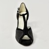 Scarpa da ballo donna latino americano liscio da sala punta aperta camoscio glitter nero suola cuoio tacco 70 rocchetto