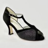 Scarpa da ballo donna latino americano liscio da sala punta aperta camoscio glitter nero suola cuoio tacco 70 rocchetto