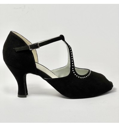 Scarpa da ballo donna liscio da sala latino americano punta aperta camoscio nero strass suola bufalo tacco 70 rocchetto