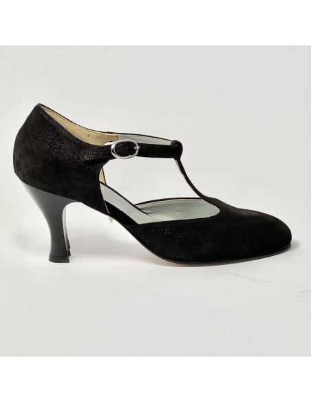 Scarpa da ballo donna liscio da sala standard punta chiusa nabuk polvere nero suola cuoio tacco 70 rocchetto