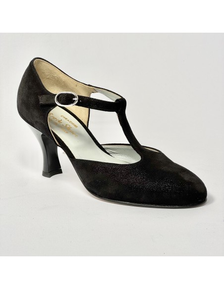 Scarpa da ballo donna liscio da sala standard punta chiusa nabuk polvere nero suola cuoio tacco 70 rocchetto