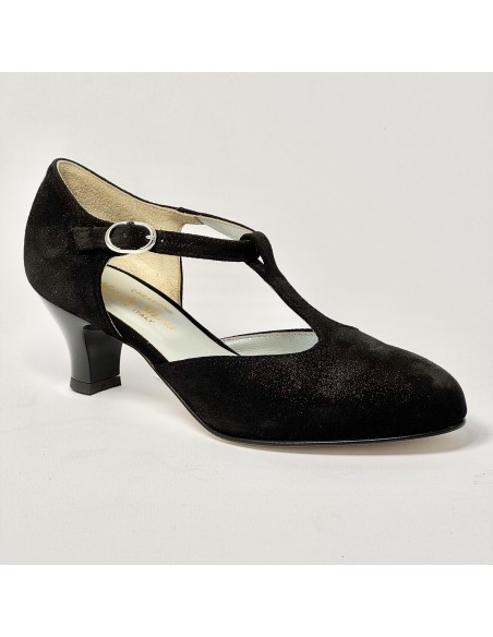 Scarpa da ballo donna liscio da sala standard punta chiusa nabuk polvere nero suola cuoio tacco 50