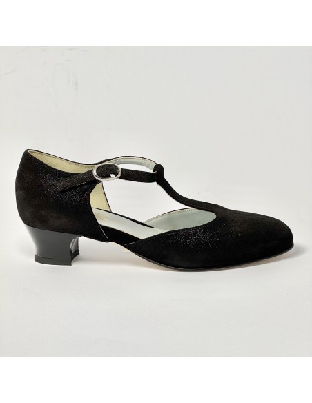 Scarpa da ballo donna liscio da sala standard punta chiusa nabuk polvere nero suola cuoio tacco 30 rocchetto