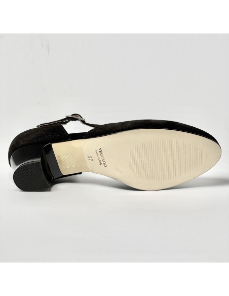 Scarpa da ballo donna liscio da sala standard punta chiusa nabuk polvere nero suola cuoio tacco 30 rocchetto