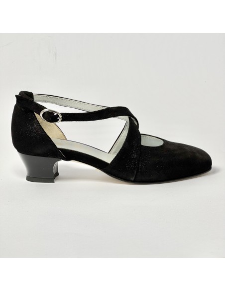 Scarpa da ballo donna liscio da sala standard punta chiusa nabuk polvere nero suola cuoio tacco 30 largo
