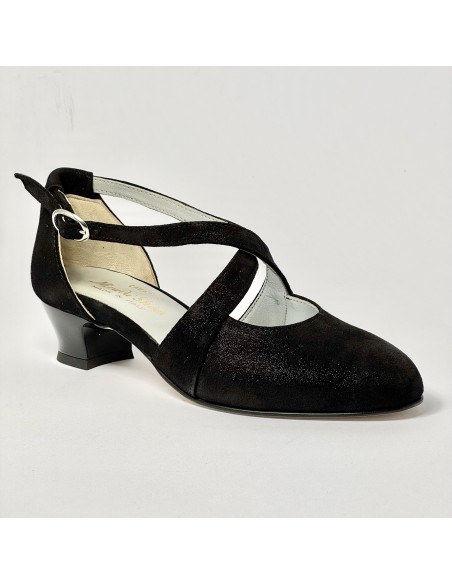 Scarpa da ballo donna liscio da sala standard punta chiusa nabuk polvere nero suola cuoio tacco 30 largo