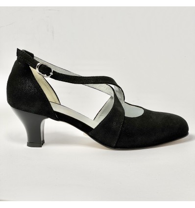 Scarpa da ballo donna liscio da sala standard punta chiusa cinturini incrociati nabuk polvere nero suola cuoio tacco 50