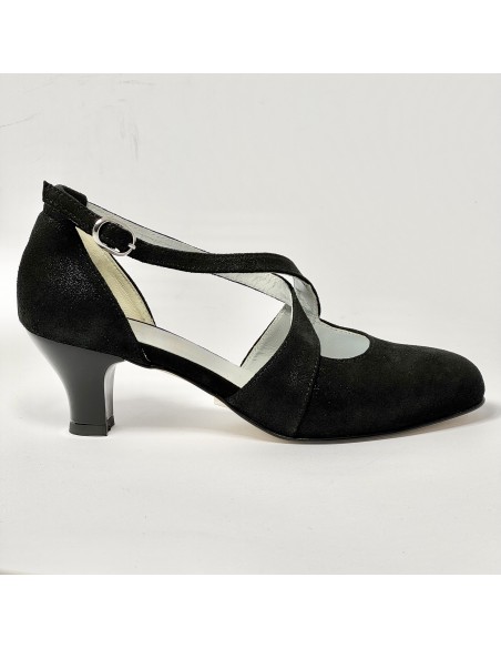 Scarpa da ballo donna liscio da sala standard punta chiusa cinturini incrociati nabuk polvere nero suola cuoio tacco 50