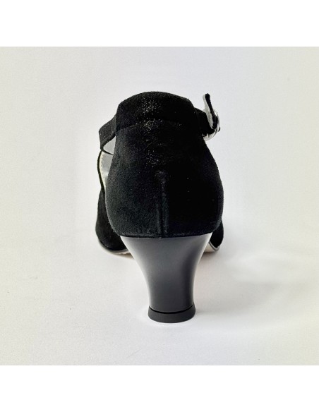 Scarpa da ballo donna liscio da sala standard punta chiusa cinturini incrociati nabuk polvere nero suola cuoio tacco 50