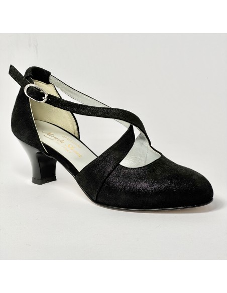 Scarpa da ballo donna liscio da sala standard punta chiusa cinturini incrociati nabuk polvere nero suola cuoio tacco 50