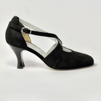 Scarpa da ballo donna liscio da sala punta chiusa nabuk polvere nero suola cuoio tacco 70 rocchetto