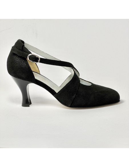 Scarpa da ballo donna liscio da sala punta chiusa nabuk polvere nero suola cuoio tacco 70 rocchetto