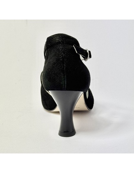 Scarpa da ballo donna liscio da sala punta chiusa nabuk polvere nero suola cuoio tacco 70 rocchetto