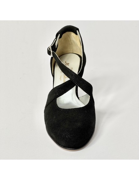 Scarpa da ballo donna liscio da sala punta chiusa nabuk polvere nero suola cuoio tacco 70 rocchetto