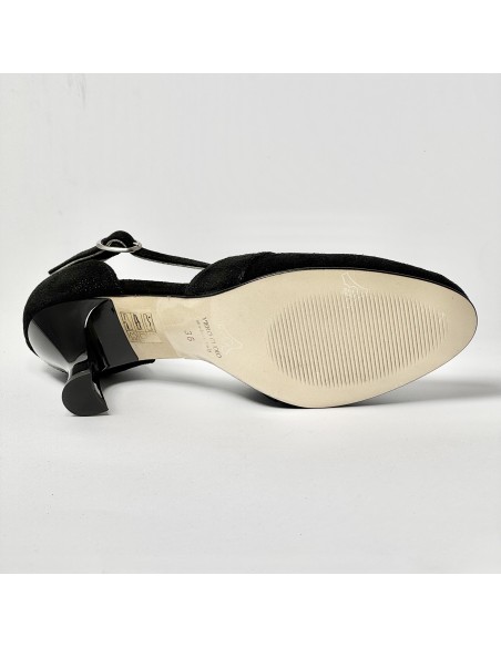 Scarpa da ballo donna liscio da sala punta chiusa nabuk polvere nero suola cuoio tacco 70 rocchetto