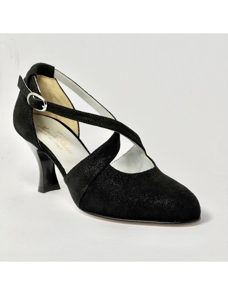 Scarpa da ballo donna liscio da sala punta chiusa nabuk polvere nero suola cuoio tacco 70 rocchetto
