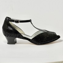Scarpa da ballo donna latino liscio spuntata nabuk stampato nero vernice nero suola cuoio tacco 30 largo