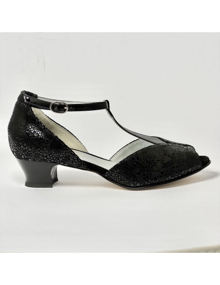 Scarpa da ballo donna latino liscio spuntata nabuk stampato nero vernice nero suola cuoio tacco 30 largo