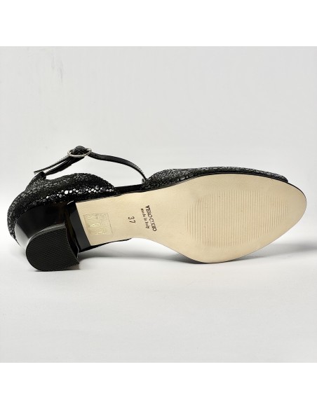 Scarpa da ballo donna latino liscio spuntata nabuk stampato nero vernice nero suola cuoio tacco 30 largo