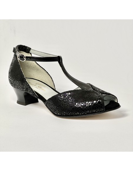Scarpa da ballo donna latino liscio spuntata nabuk stampato nero vernice nero suola cuoio tacco 30 largo