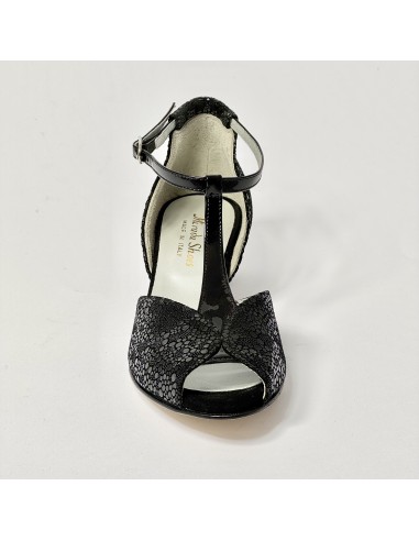 Scarpa da ballo donna latino liscio spuntata nabuk stampato nero vernice nero suola cuoio tacco 30 largo