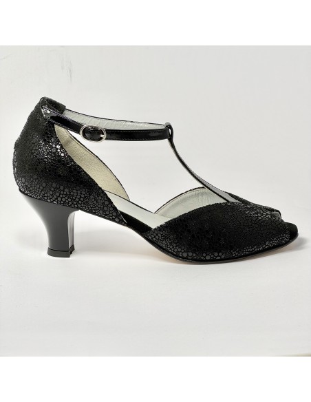 Scarpa da ballo donna latino liscio spuntata nabuk stampato nero vernice nero suola cuoio tacco 50