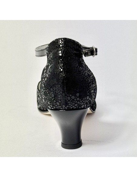 Scarpa da ballo donna latino liscio spuntata nabuk stampato nero vernice nero suola cuoio tacco 50