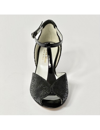Scarpa da ballo donna latino liscio spuntata nabuk stampato nero vernice nero suola cuoio tacco 50