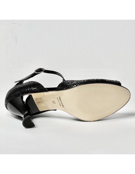 Scarpa da ballo donna latino liscio spuntata nabuk stampato nero vernice nero suola cuoio tacco 70 rocchetto