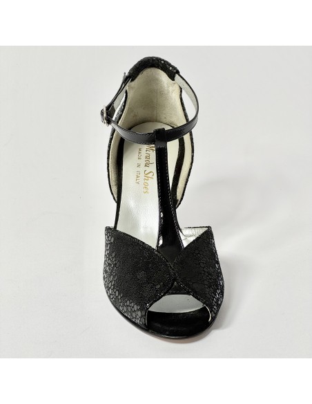 Scarpa da ballo donna latino liscio spuntata nabuk stampato nero vernice nero suola cuoio tacco 70 rocchetto