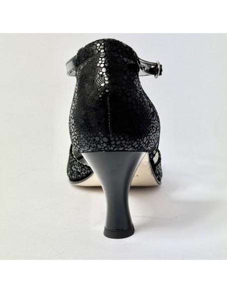Scarpa da ballo donna latino liscio spuntata nabuk stampato nero vernice nero suola cuoio tacco 70 rocchetto
