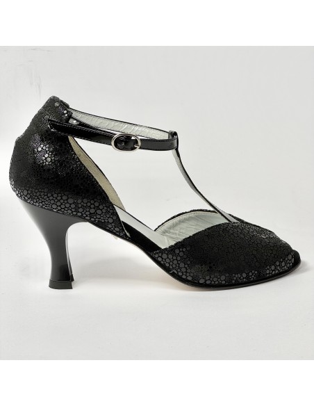 Scarpa da ballo donna latino liscio spuntata nabuk stampato nero vernice nero suola cuoio tacco 70 rocchetto