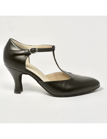 Scarpa da ballo donna liscio da sala standard punta chiusa pelle nero suola bufalo tacco 70 rocchetto