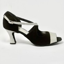 Scarpa da ballo donna latino americano liscio da sala camoscio nero luminor argento suola bufalo tacco 70 rocchetto