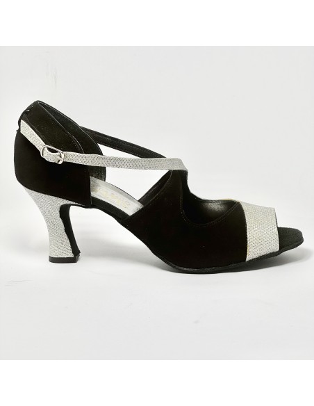 Scarpa da ballo donna latino americano liscio da sala camoscio nero luminor argento suola bufalo tacco 70 rocchetto