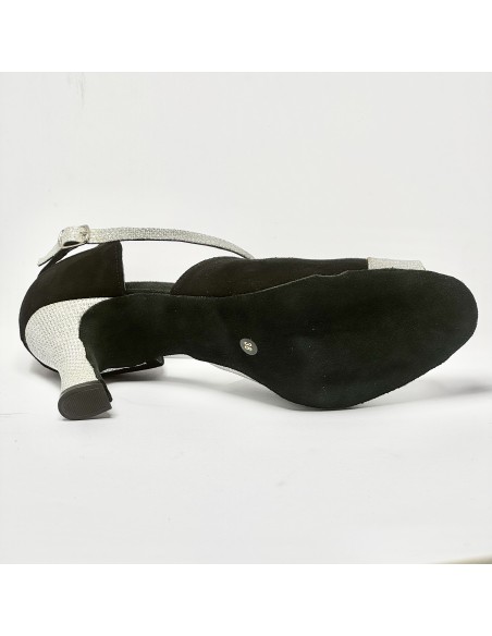 Scarpa da ballo donna latino americano liscio da sala camoscio nero luminor argento suola bufalo tacco 70 rocchetto