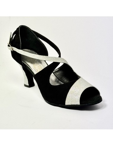 Scarpa da ballo donna latino americano liscio da sala camoscio nero luminor argento suola bufalo tacco 70 rocchetto