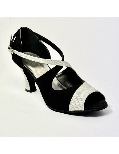 Scarpa da ballo donna latino americano liscio da sala camoscio nero luminor argento suola bufalo tacco 70 rocchetto