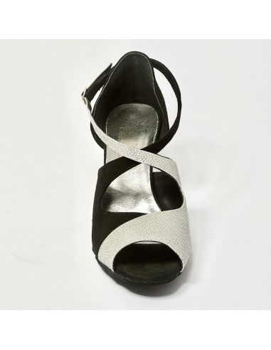 Scarpa da ballo donna latino americano liscio da sala camoscio nero luminor argento suola bufalo tacco 70 rocchetto