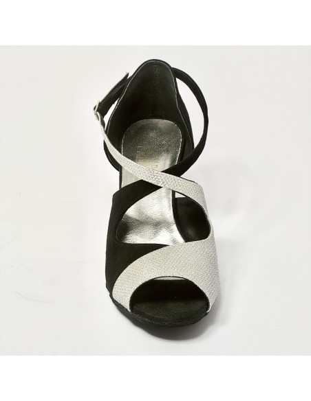 Scarpa da ballo donna latino americano liscio da sala camoscio nero luminor argento suola bufalo tacco 70 rocchetto