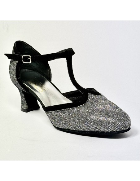 Scarpa da ballo donna liscio da sala standard punta chiusa tessuto galassia nero camoscio nero suola bufalo tacco 50 largo