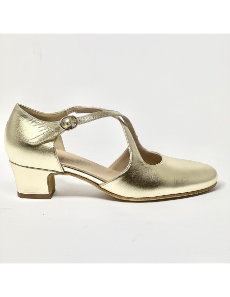 Scarpa da ballo donna liscio da sala standard punta chiusa pelle platino suola bufalo tacco 30 largo