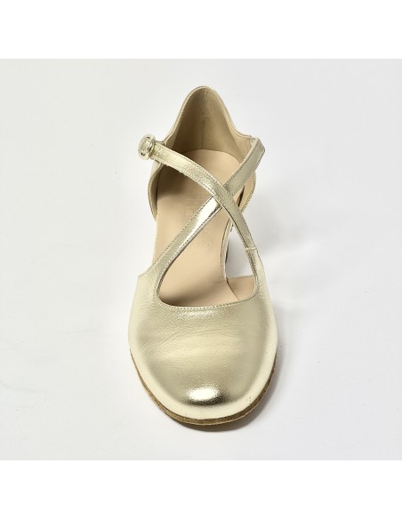 Scarpa da ballo donna liscio da sala standard punta chiusa pelle platino suola bufalo tacco 30 largo