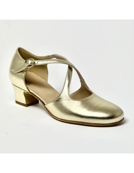 Scarpa da ballo donna liscio da sala standard punta chiusa pelle platino suola bufalo tacco 30 largo