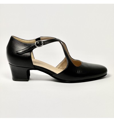 Scarpa da ballo donna liscio da sala standard punta chiusa pelle nero suola bufalo tacco 30 largo