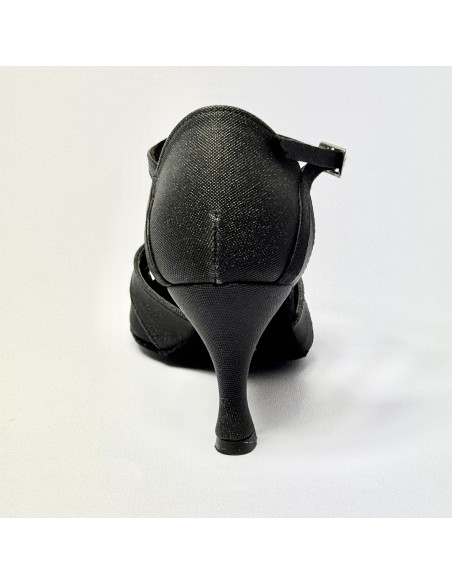 Scarpa da ballo donna latino americano liscio da sala spuntata raso nero glitter nero suola bufalo tacco 70 rocchetto