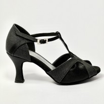 Scarpa da ballo donna latino americano liscio da sala spuntata raso nero glitter nero suola bufalo tacco 70 rocchetto