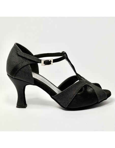Scarpa da ballo donna latino americano liscio da sala spuntata raso nero glitter nero suola bufalo tacco 70 rocchetto